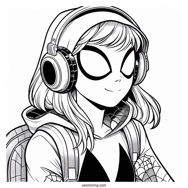 Spider-Gwen Coloring Page Wearing Headphones And Backpack
