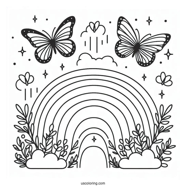 Butterflies Flying Over A Rainbow Coloring Page For Kids