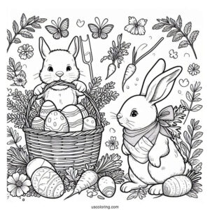 Easter Coloring Page Of Rabbits Harvesting Carrots And Easter Eggs