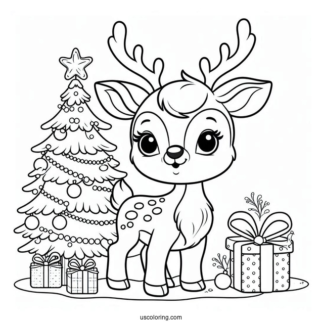 Adorable Little Rudolph Coloring Page Beside A Christmas Tree For Preschoolers