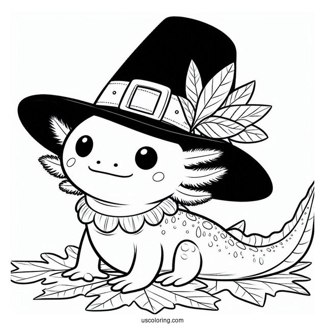 Axolotl Coloring Page Dressed As A Pilgrim In Autumn