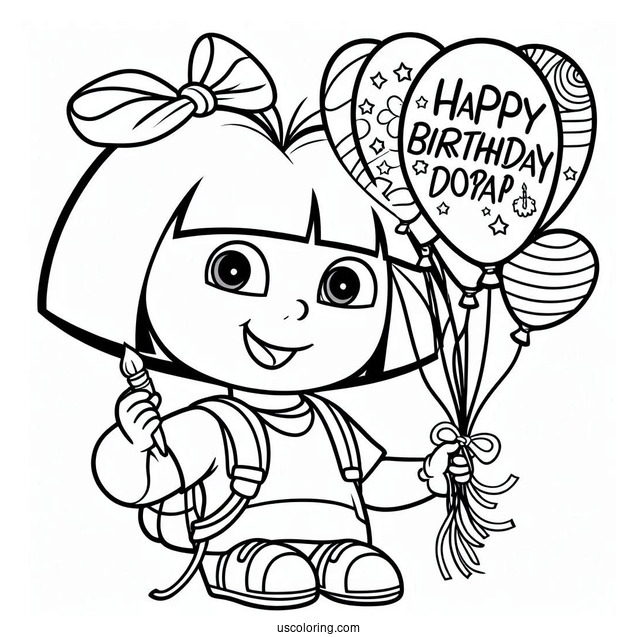 Dora Holding Happy Birthday Balloons To Color