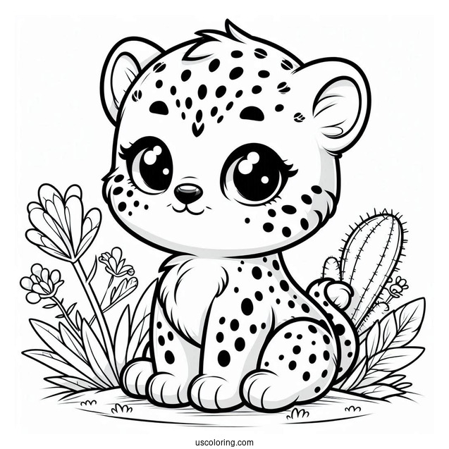 Kawaii Baby Cheetah Coloring Page Sitting Down