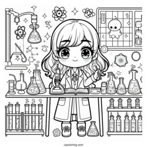 Science Coloring Page Of Chibi Girl Performing Science Experiments In A Lab