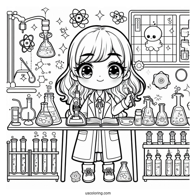 Science Coloring Page Of Chibi Girl Performing Science Experiments In A Lab
