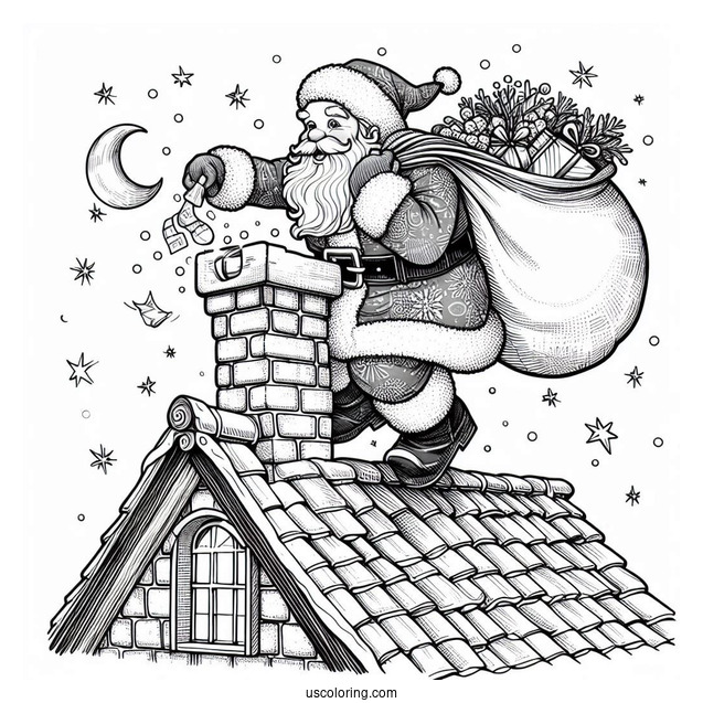 Santa Claus Climbing Into Chimney With Sack Of Presents