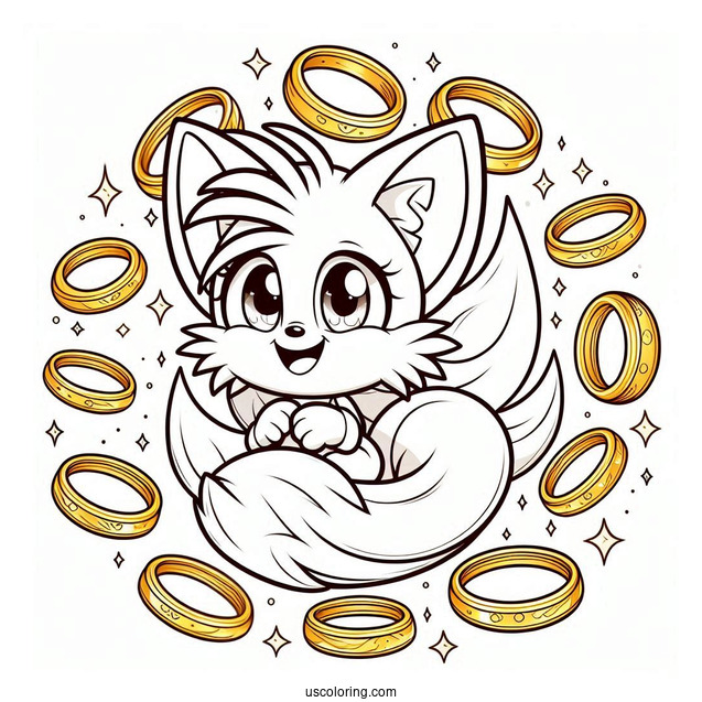 Smiling Tails Coloring Page Surrounded By Gold Rings