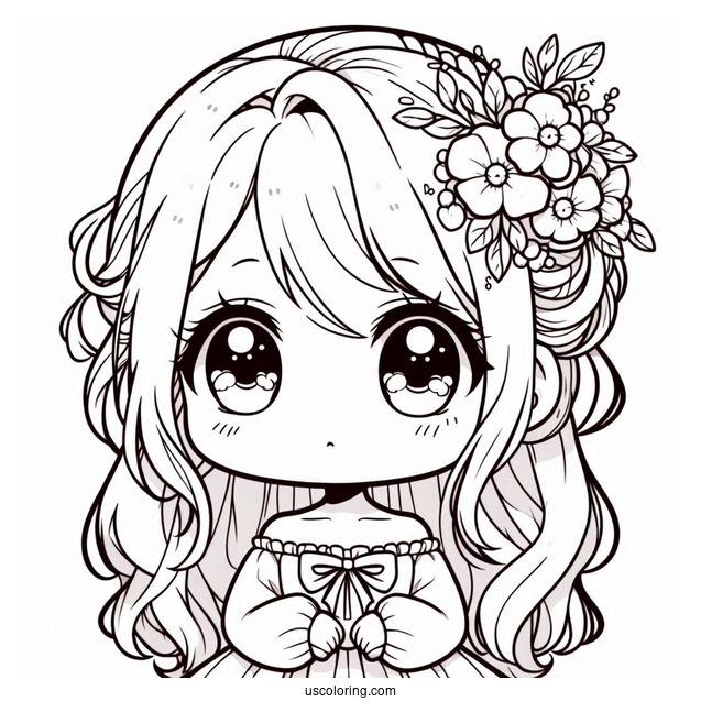 Chibi Anime Girl With Flower In Her Hair Coloring Sheet