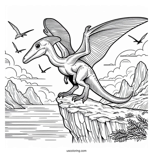 Pterodactyl Coloring Page Standing On Cliff