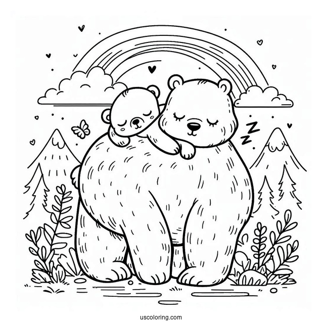 Bear Coloring Page Of Cub Sleeping On Mama Bear s Back While She s Walking