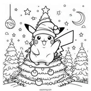 Pokemon Christmas Coloring Page Pikachu Waving From On Top Of A Christmas Tree For Kids