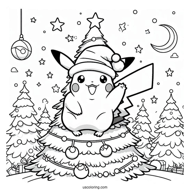 Pokemon Christmas Coloring Page Pikachu Waving From On Top Of A Christmas Tree For Kids