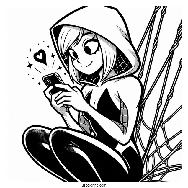 Spider-Gwen Coloring Page Texting While Swinging From A Web