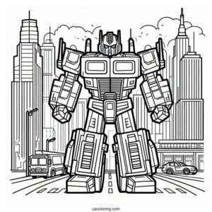 Cartoon Optimus Prime Coloring Page In The City