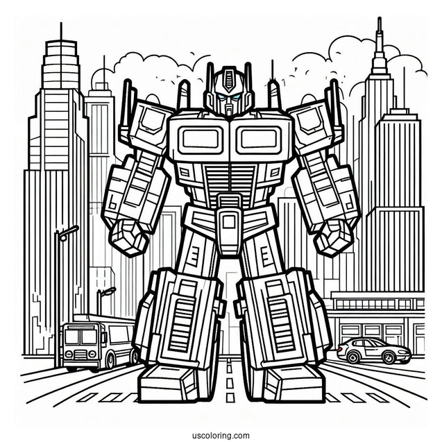 Cartoon Optimus Prime Coloring Page In The City