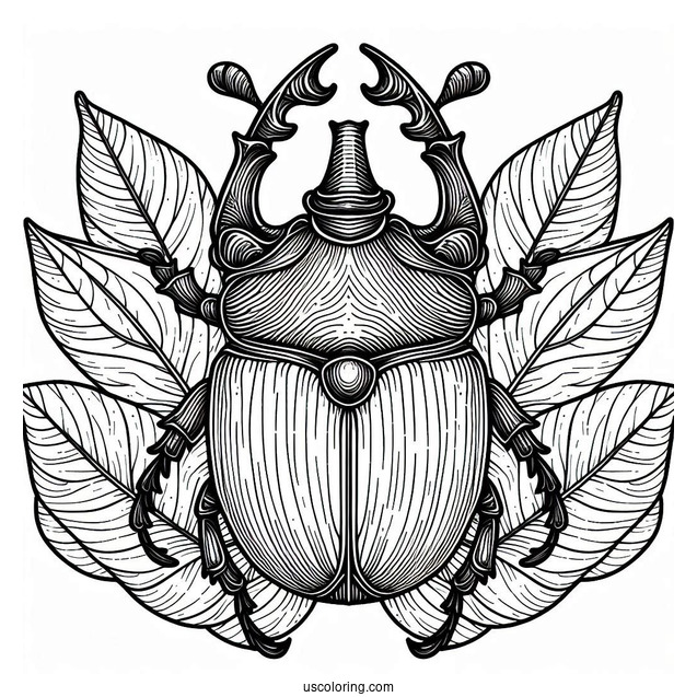 Rhinoceros Beetle Coloring Page On A Leaf