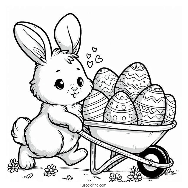 Easter Coloring Page Of Rabbit Pulling Wheelbarrow Full Of Easter Eggs