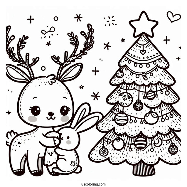 Cute Reindeer And Bunny With Christmas Tree