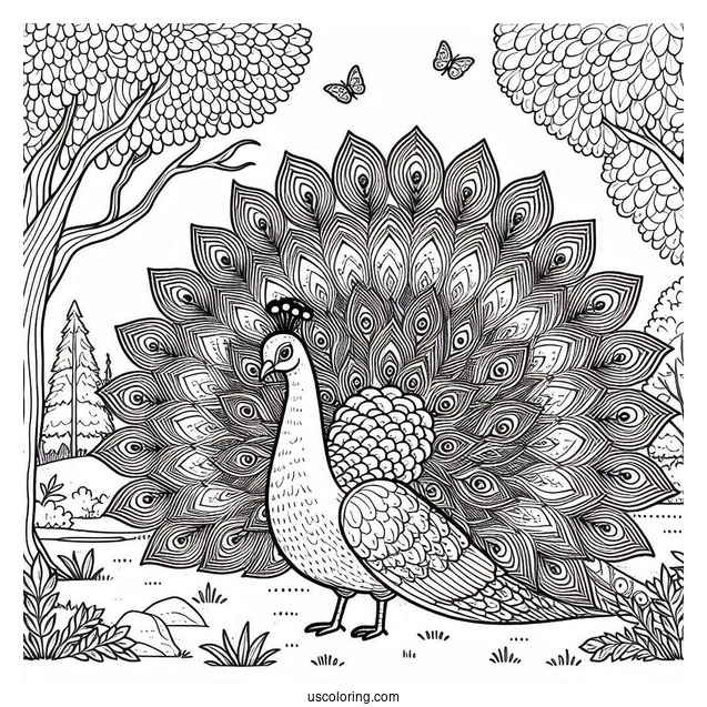 Peacock Coloring Page with Fully Fanned Tail in Forest Clearing For Adults