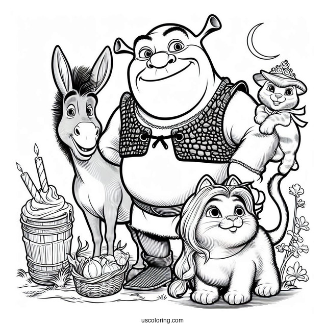 Shrek, Donkey And Puss In Boots To Color