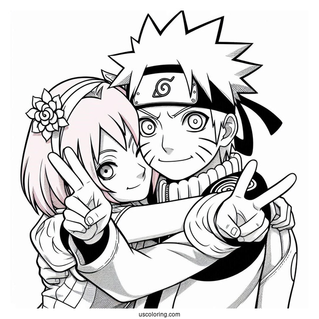 Naruto Coloring Page Of Hugging Sakura And Making Peace Sign
