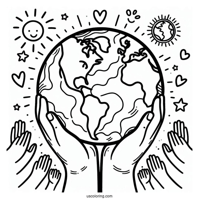 Simple Cute Earth With Hands Coloring Page For Preschoolers