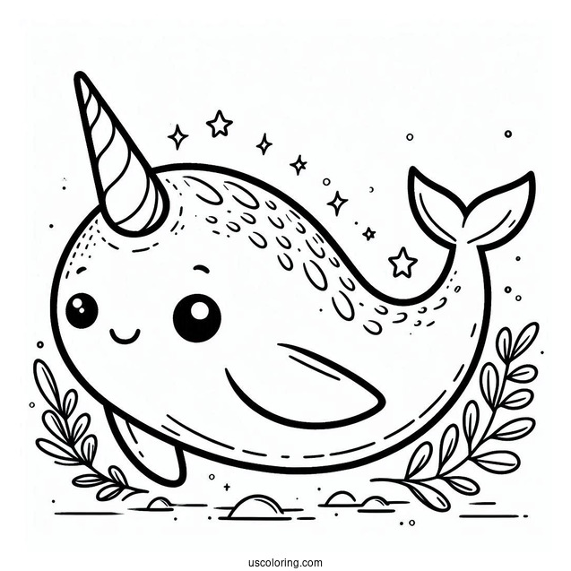 Easy Cartoon Narwhal Coloring Page For Preschoolers