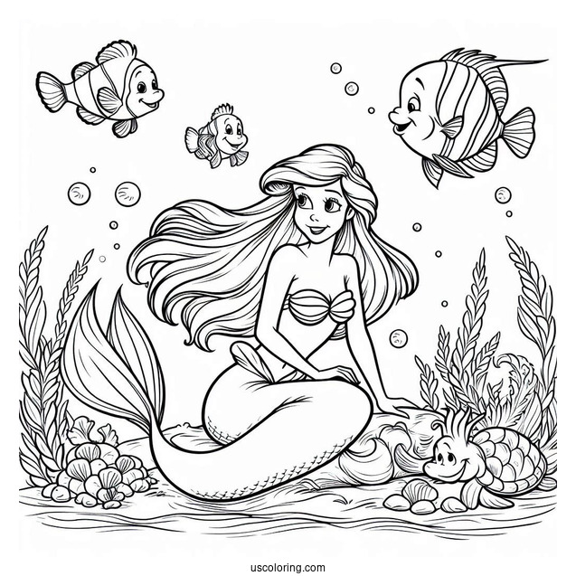 Ariel With Sebastian And Flounders Coloring Sheet