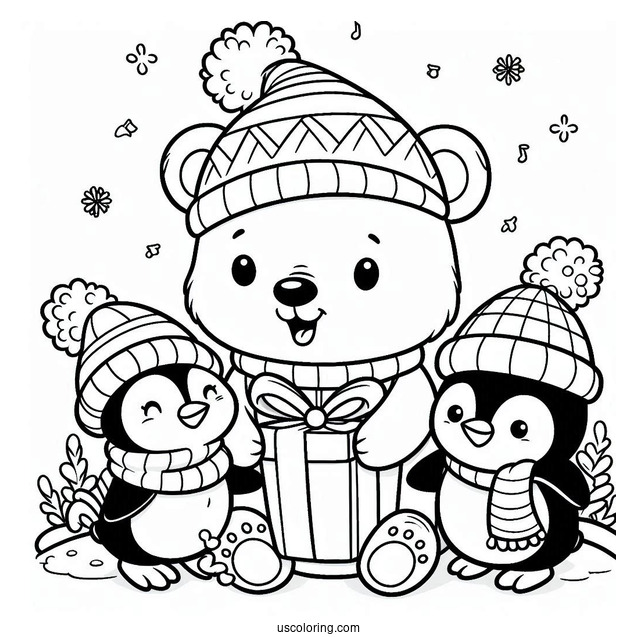 Coloring Page Of Cartoon Polar Bear With Penguins On Christmas