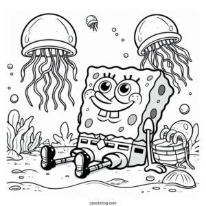 SpongeBob Coloring Page Sitting On Jellyfishes