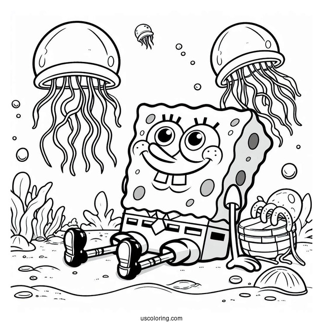 SpongeBob Coloring Page Sitting On Jellyfishes