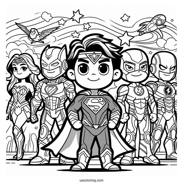 Justice League Coloring Page Of Cartoon Superheroes