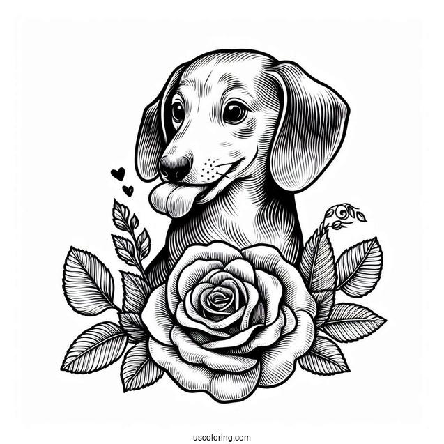 Dachshund Coloring Page Biting Down Rose