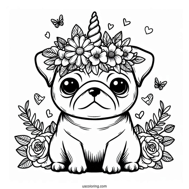 Adorable Pug Coloring Page Wearing a Unicorn Horn and Flower Crown