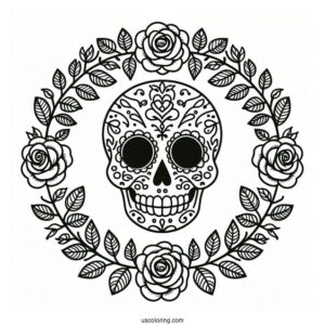 Smiling Sugar Skull Coloring Page Rose Wreath With Leaf Patterns