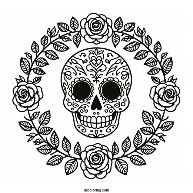 Smiling Sugar Skull Coloring Page Rose Wreath With Leaf Patterns