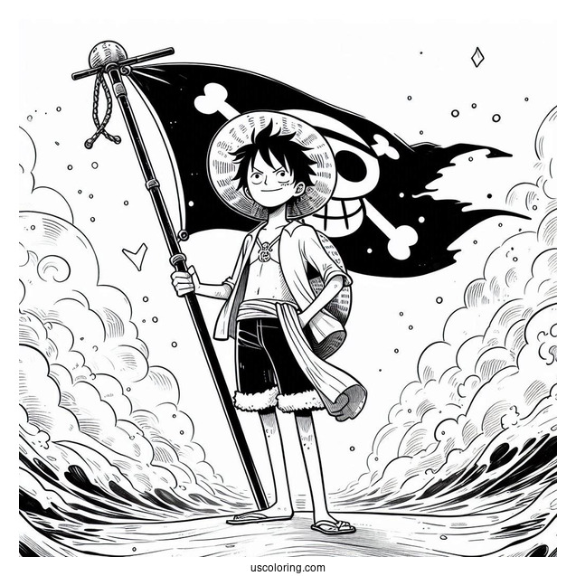 Luffy Coloring Page Standing In Front Of Straw Hat Pirate Flag With Mist