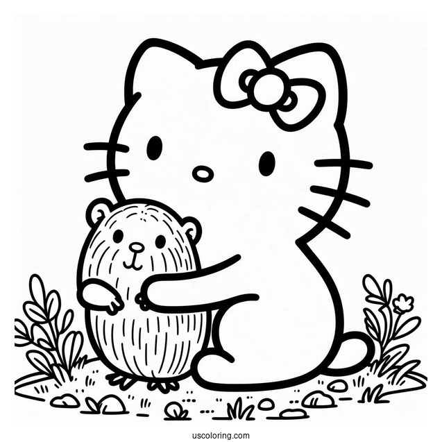 Hello Kitty Hugging A Capybara Coloring Page For Kids