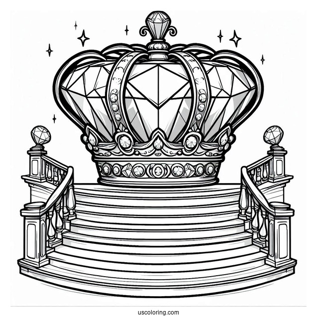 Royal Crown Coloring Page With Large Diamond Displayed on a Grand Staircase
