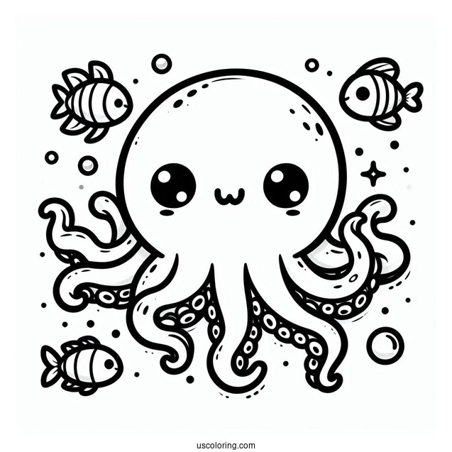 Kawaii Octopus Coloring Page Swimming With Fish