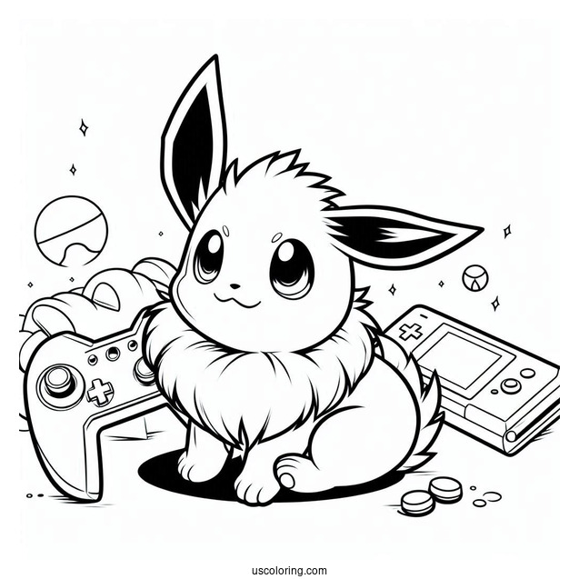 Baby Jolteon Coloring Page With Gaming Console In Background