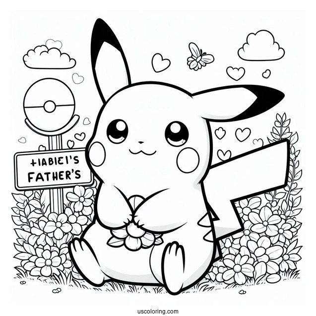 Pikachu Sitting On A Flower Field With A Father's Day Coloring Page Of Sign