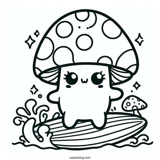Cute Coloring Page Mushroom Surfing