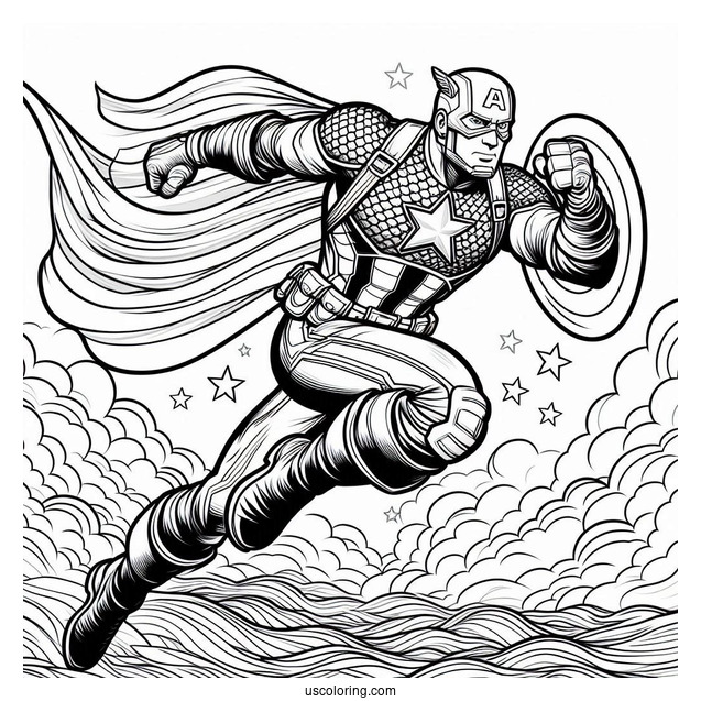 Captain America Leaping Through The Air To Color