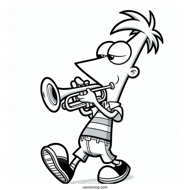 Phineas And Ferb Coloring Page Playing Trumpet For Kids