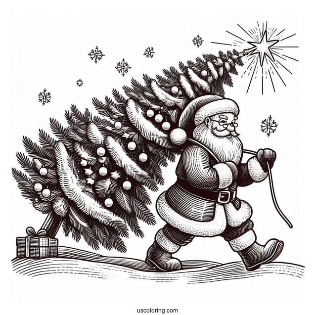 Santa Claus Hauling a Christmas Tree In The Snow
