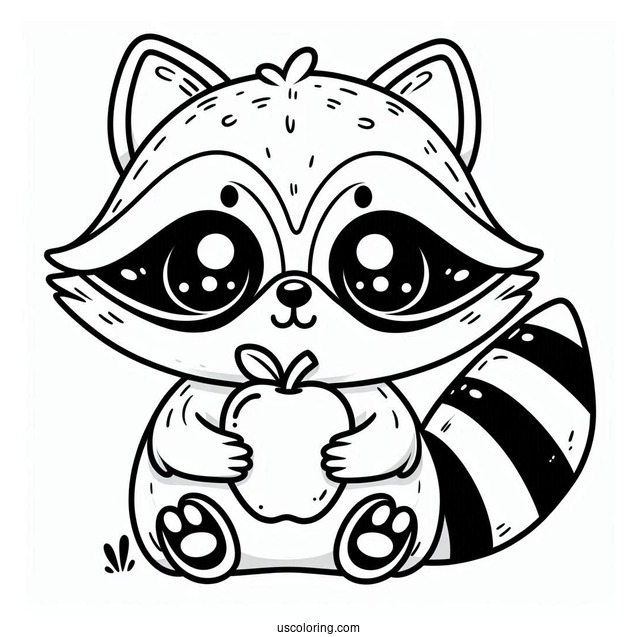 Easy Raccoon Coloring Page Holding Apple For Preschoolers