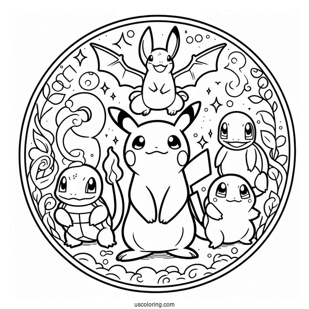 Pikachu, Charmander, Bulbasaur, Squirtle, And Mew Coloring Page In A Circle