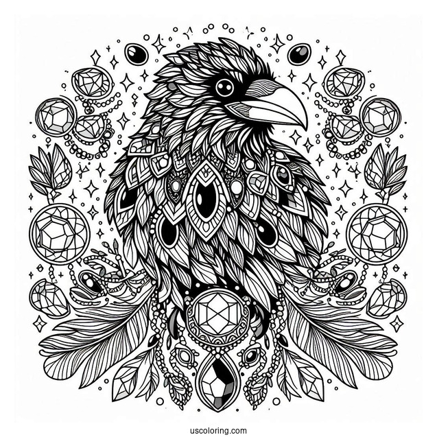 Raven Coloring Page Surrounded By Shiny Jewelry