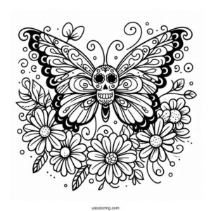 Butterfly Flying To A Sugar Skulls Coloring Page With Flowers